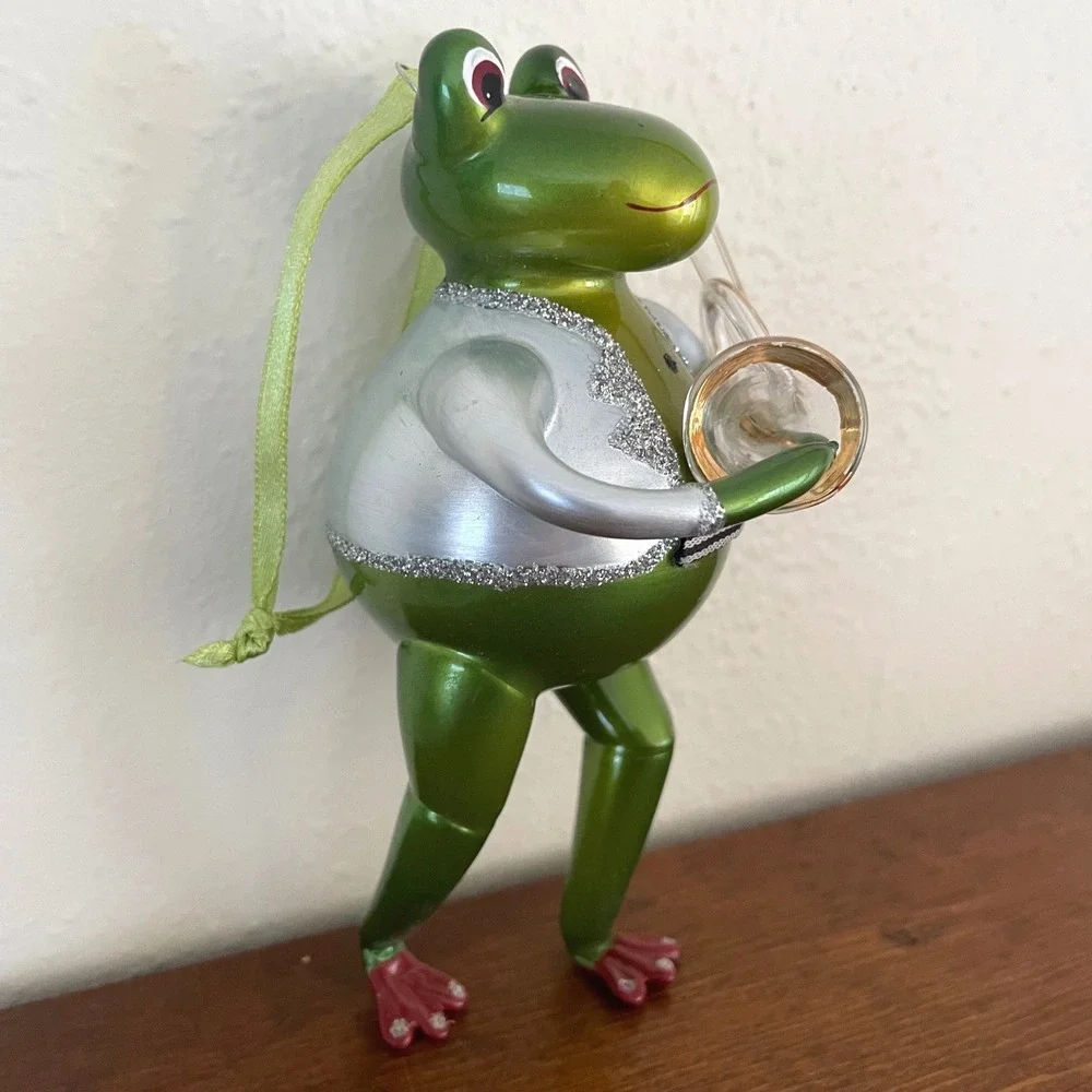 Glass Frog Holiday Christmas Ornament Playing Horn Hand Blown Musical Instrument